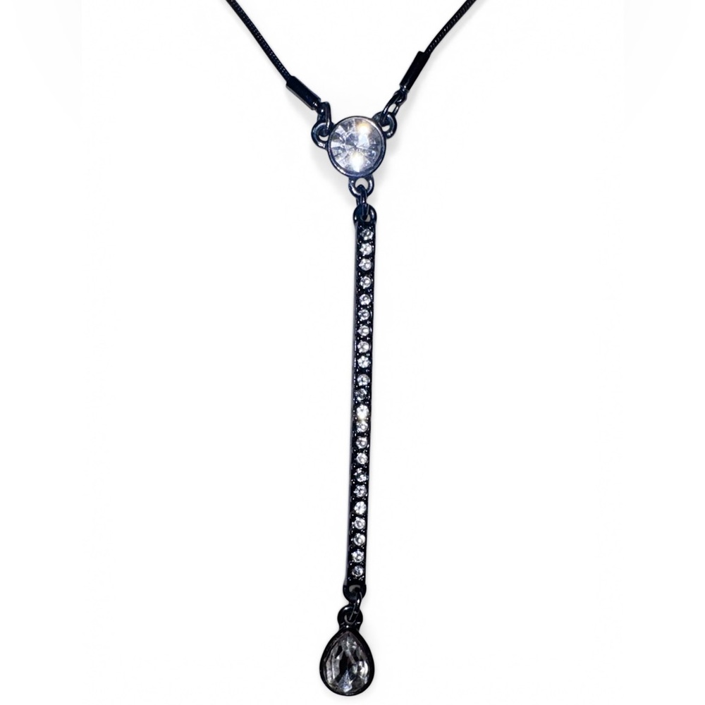 Nine West Jet Black Vertical Rhinestone Pendant Necklace Adjustable 22 - 25 long
